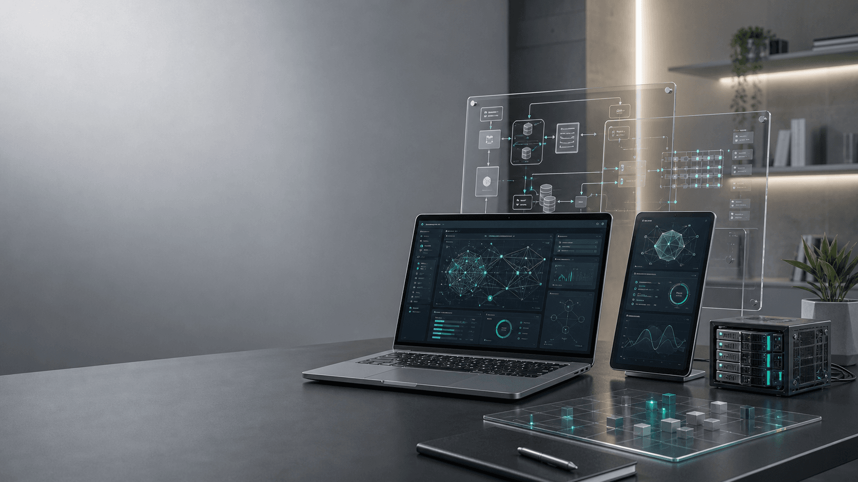 Realistic product engineering studio with software architecture displays
